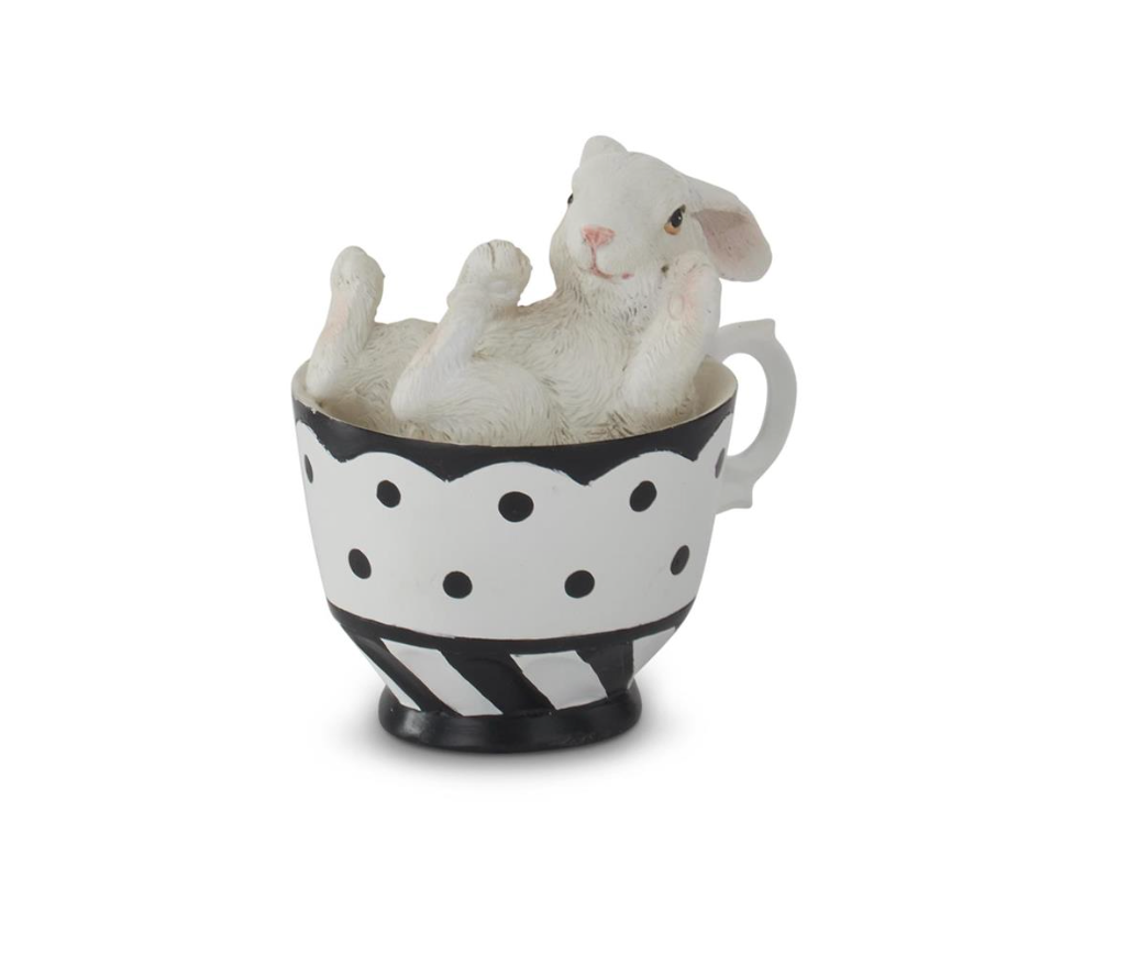Assorted 3.5 Inch White Resin Bunnies in Black & White Teacups (4 Styles)