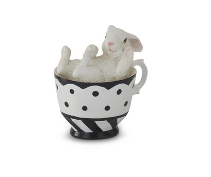 Assorted 3.5 Inch White Resin Bunnies in Black & White Teacups (4 Styles)