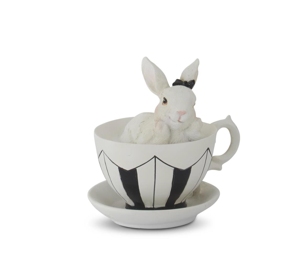 Assorted 3.5 Inch White Resin Bunnies in Black & White Teacups (4 Styles)