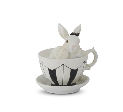 Assorted 3.5 Inch White Resin Bunnies in Black & White Teacups (4 Styles)