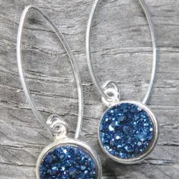 Silver Bezel Druzy Marquis Earrings-Blue