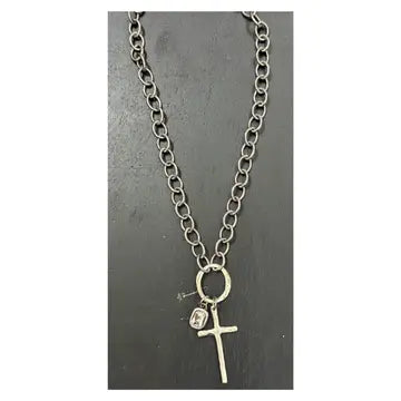 17" Silver Plated Chain Necklace with Silver Pewter Cross and Crystal Pendants