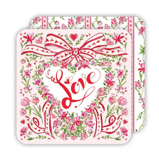 Square Coaster - Hand Painted Valentine Floral Wreath with Bow