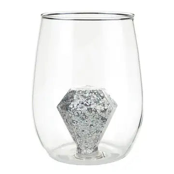 Stemless Wine Glass with Glitter Diamond in Center