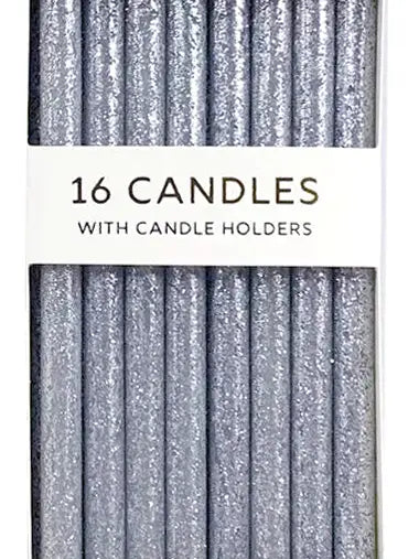 Tall Solid Silver Glitter 16 Candles Set