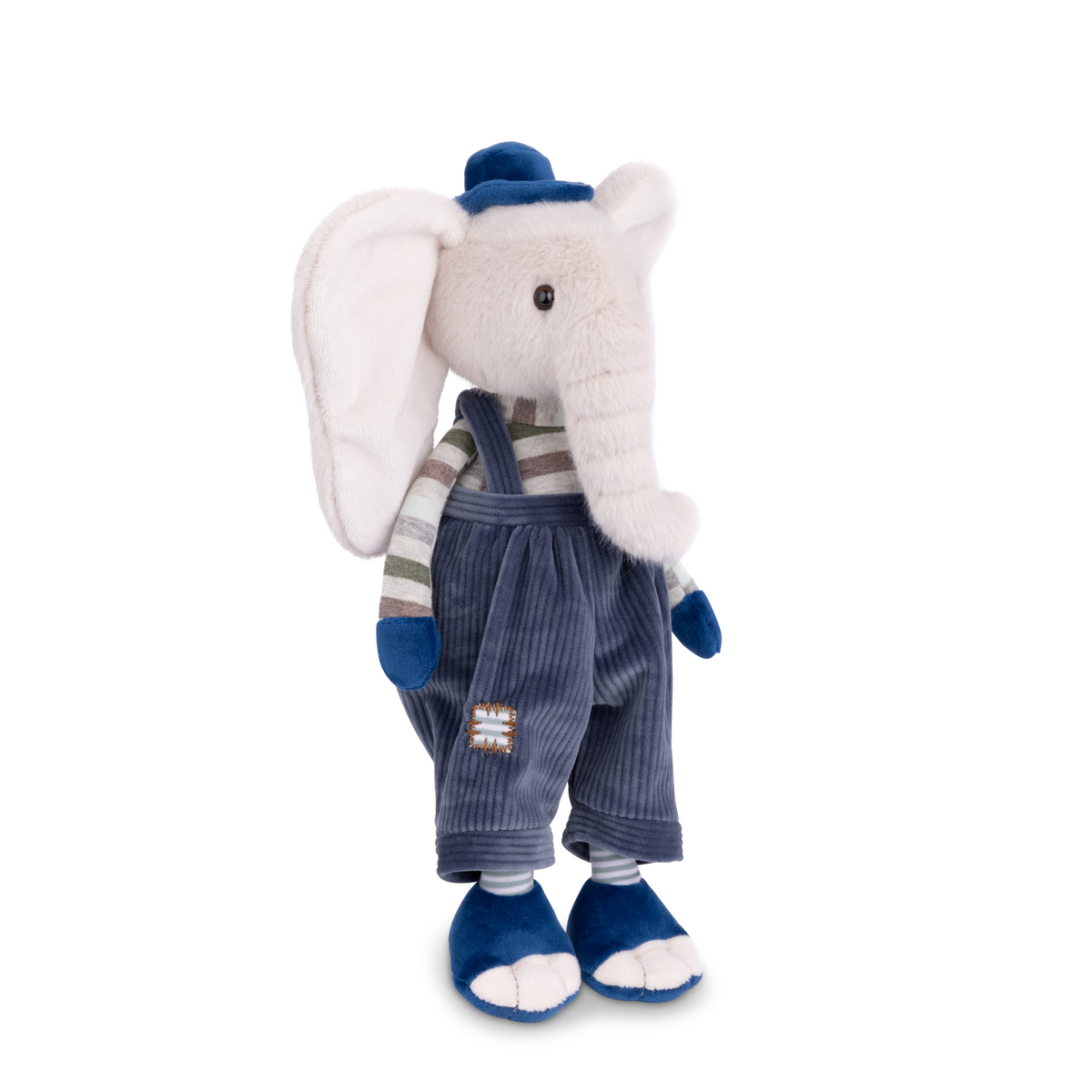 Tusk Plush Elephant, A cream plush elephant with wide ears in slate-blue corduroy dungarees with stitched patches, a striped jumper, a cobalt hat, mittens and shoes.