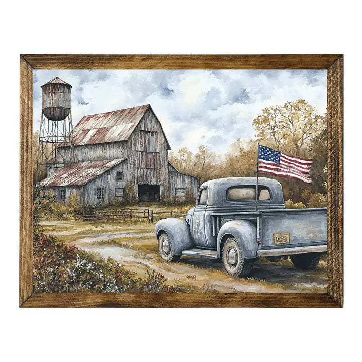 VINTAGE TRUCK AND BARN WITH AMERICAN FLAG