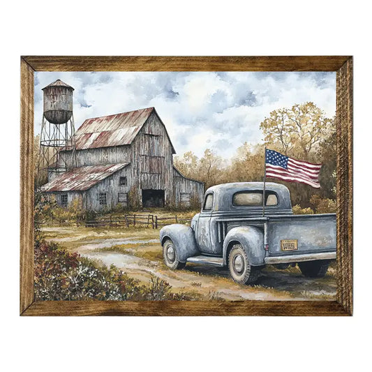 VINTAGE TRUCK AND BARN WITH AMERICAN FLAG