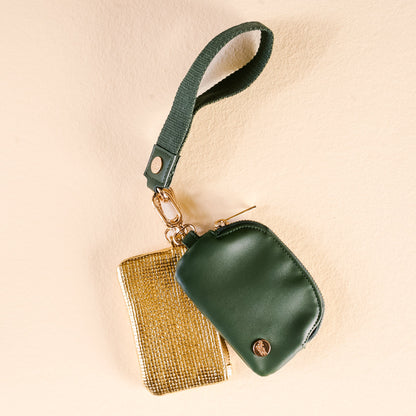 Dynamic Duo Pouch Luxe Wristlet in Evergreen Gold, An evergreen zip pouch and a gold woven zip pouch clipped together on a wide evergreen wrist strap.