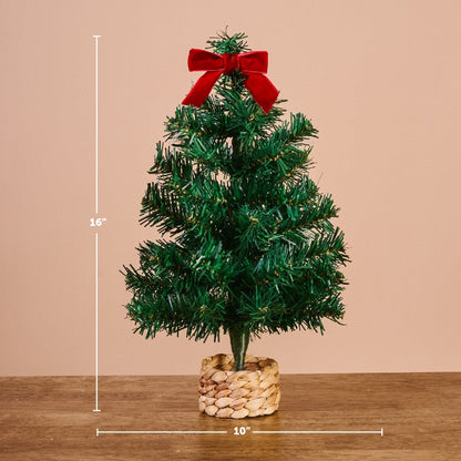 Green Mini Artificial Christmas Tree, A small artificial Christmas tree with full green branches, a red velvet bow at the top, and a woven basket base.