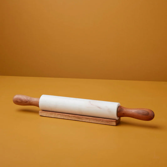 White Marble and Acacia Rolling Pin with Rest