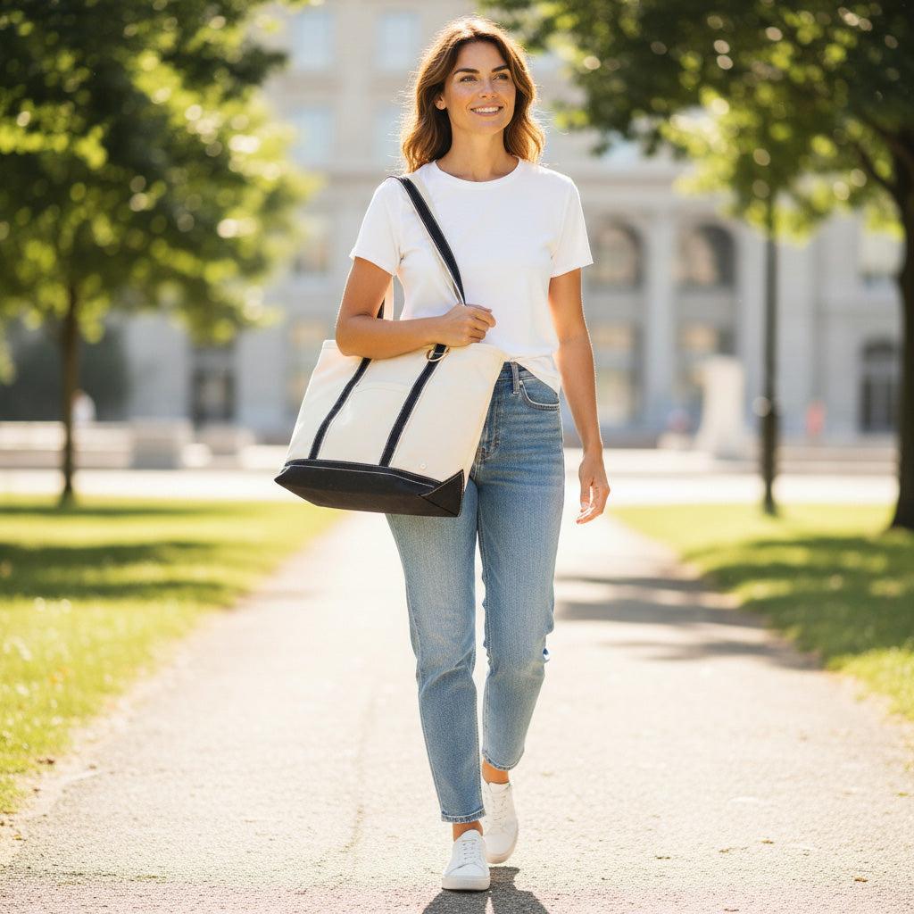 The Signature Canvas Tote Bag, A natural canvas tote bag with black webbing straps, a front pocket, and a gold D-ring, shown against a cream background.