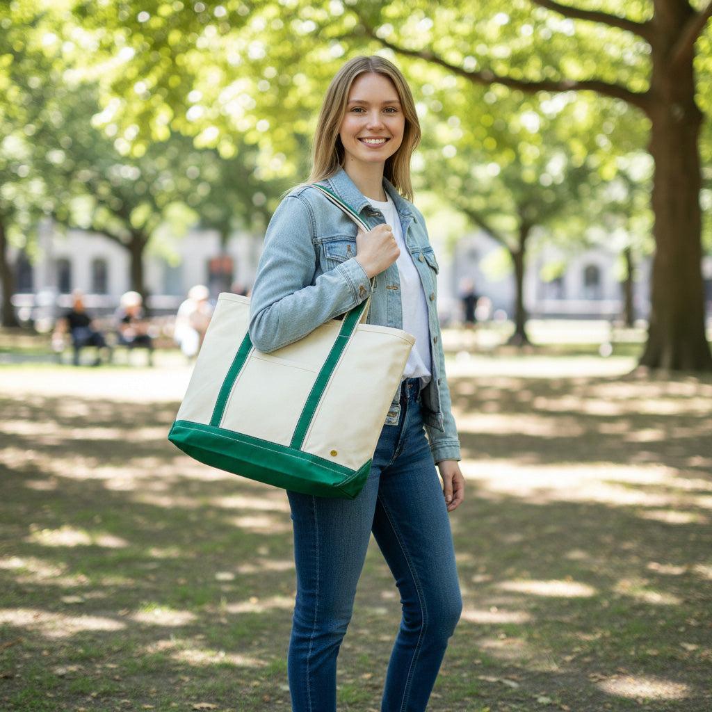 The Signature Canvas Tote Bag, A natural canvas tote bag with black webbing straps, a front pocket, and a gold D-ring, shown against a cream background.