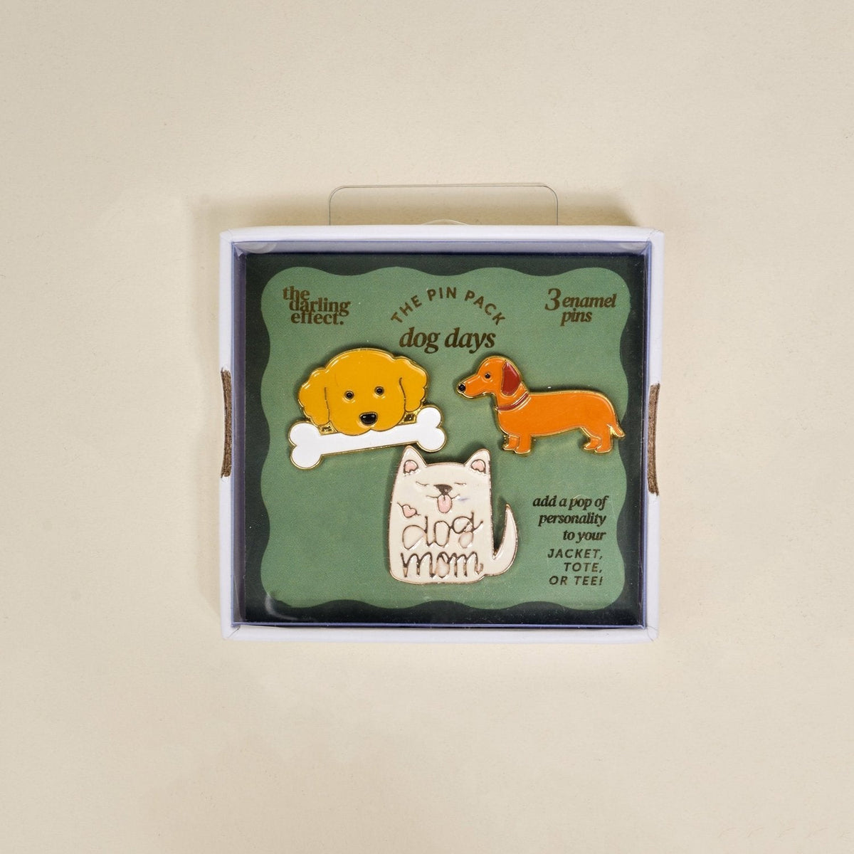 Enamel Pin Pack, A boxed set of three gold enamel pins in the Latte Love design, a coffee cup, a teddy bear, and a pink bow.