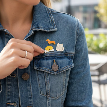 Enamel Pin Pack, A boxed set of three gold enamel pins in the Latte Love design, a coffee cup, a teddy bear, and a pink bow.