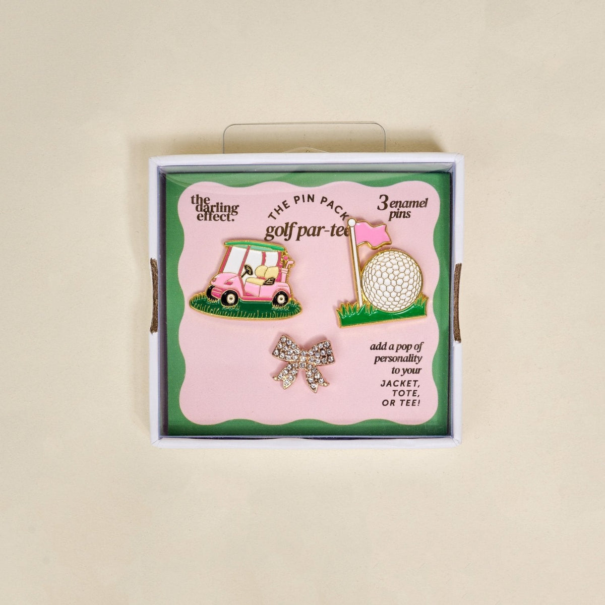 Enamel Pin Pack, A boxed set of three gold enamel pins in the Latte Love design, a coffee cup, a teddy bear, and a pink bow.