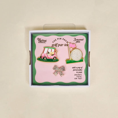Enamel Pin Pack, A boxed set of three gold enamel pins in the Latte Love design, a coffee cup, a teddy bear, and a pink bow.