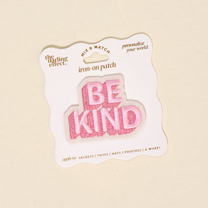 Mix & Match Iron-On Patch, A pink Be Kind patch on its patch card, with BE KIND spelled out in bold pink lettering.