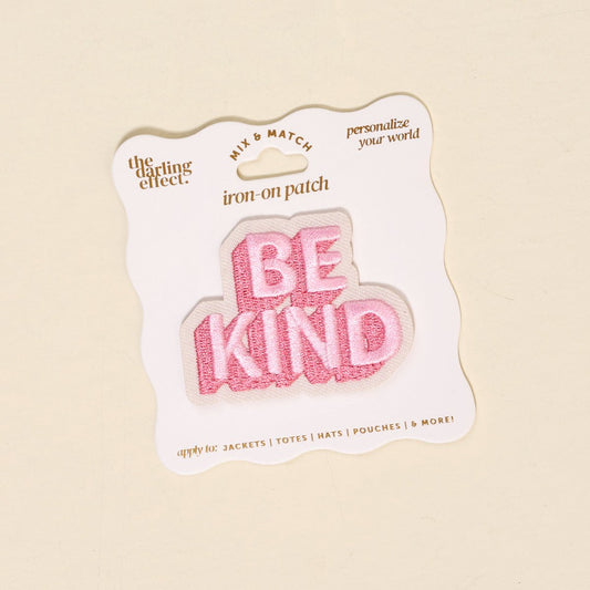 Mix & Match Iron-On Patch, A pink Be Kind patch on its patch card, with BE KIND spelled out in bold pink lettering.