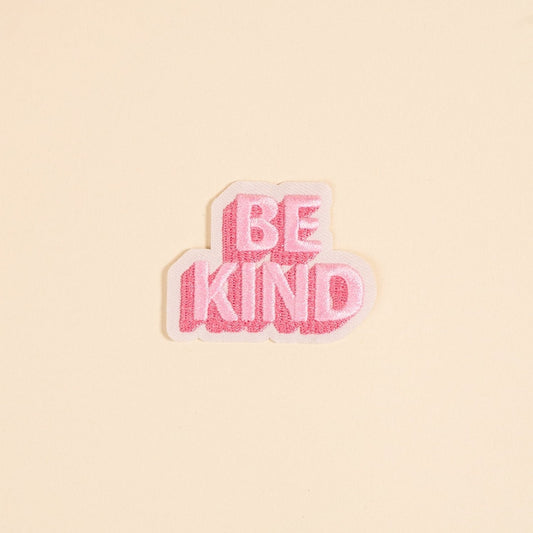 Mix & Match Iron-On Patch, A pink Be Kind patch on its patch card, with BE KIND spelled out in bold pink lettering.