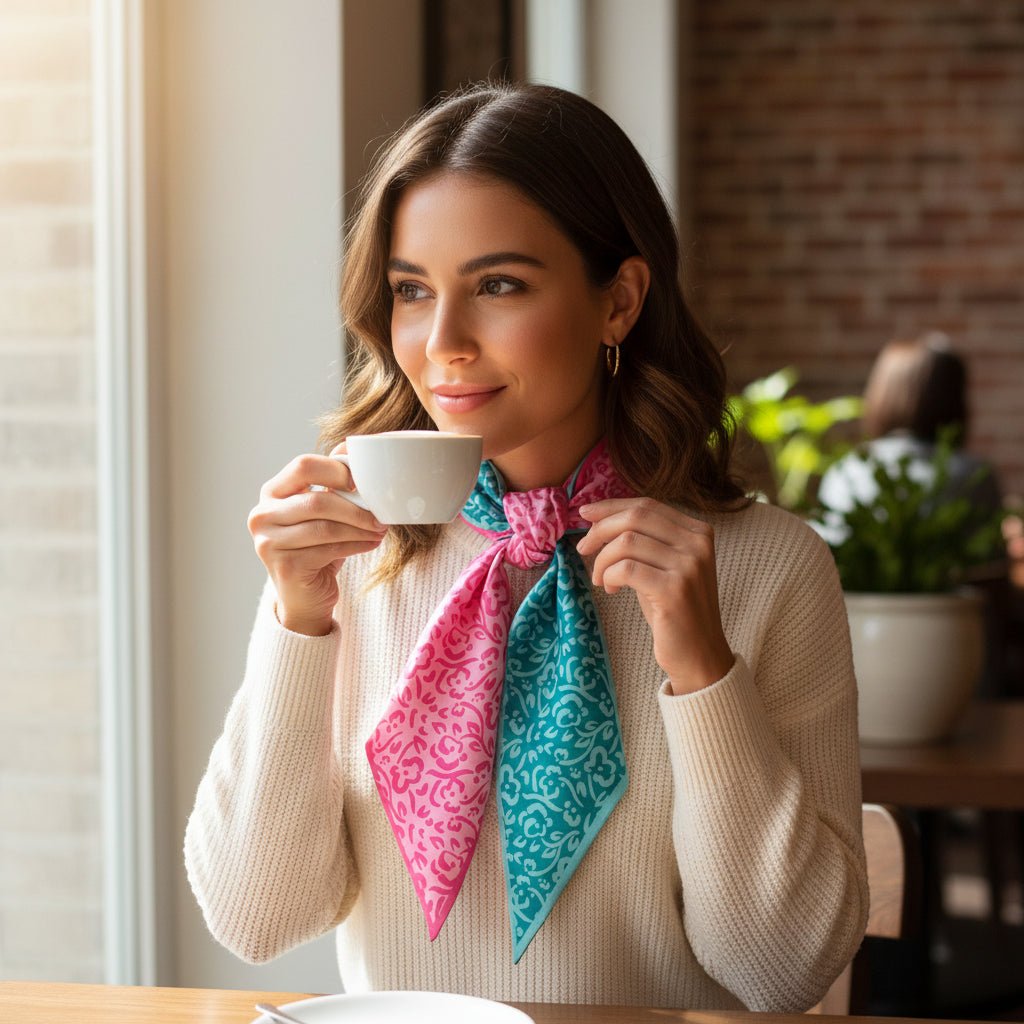 Twirl & Tie Scarf Accessory, A red and white gingham satin scarf tied in a knot, showing a red polka dot pattern on the reverse side of the tails.