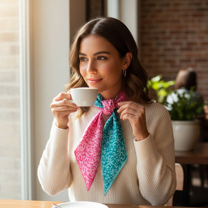 Twirl & Tie Scarf Accessory, A red and white gingham satin scarf tied in a knot, showing a red polka dot pattern on the reverse side of the tails.