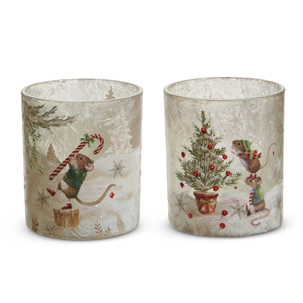 A Very Mouse Christmas Glass Container, Two frosted glass containers side by side, one printed with a mouse carrying a candy cane on a gift box and one with two mice decorating a small potted Christmas tree.