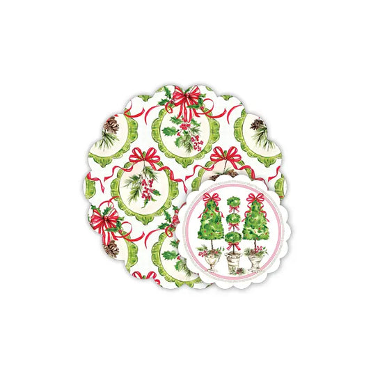 Framed Holly, Pine Cones and Bows Topiary Trio Doily Set
