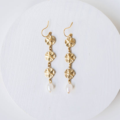 Pearl and three flowers dangle earrings