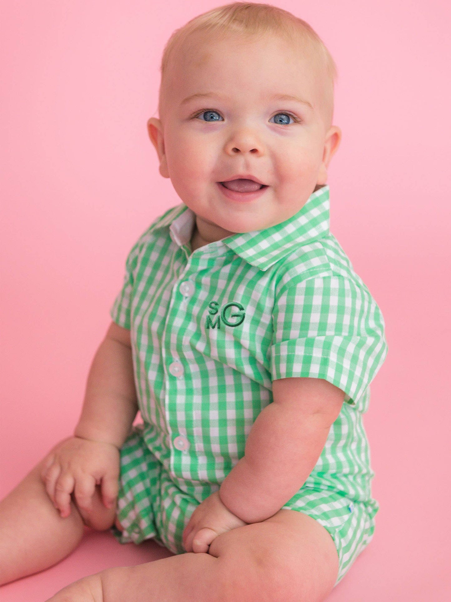 Baby Boys Classic Spring Green Gingham Short Button-Up Romper