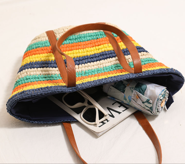 Colorful striped one-shoulder straw bag large-capacity beach bag