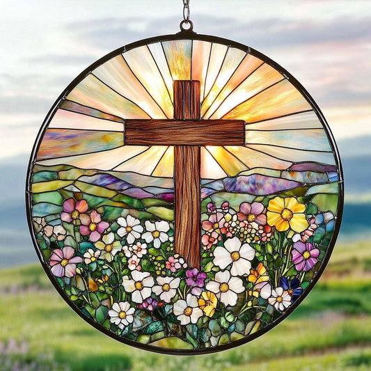 Stained Glass Cross And Wildflowers Suncatcher, Christian