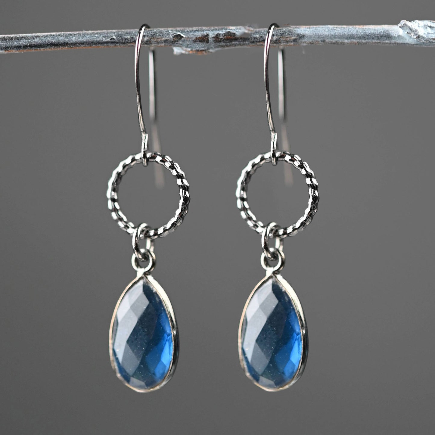 Gunmetal Small Circle Earrings with Stone Drop Earrings