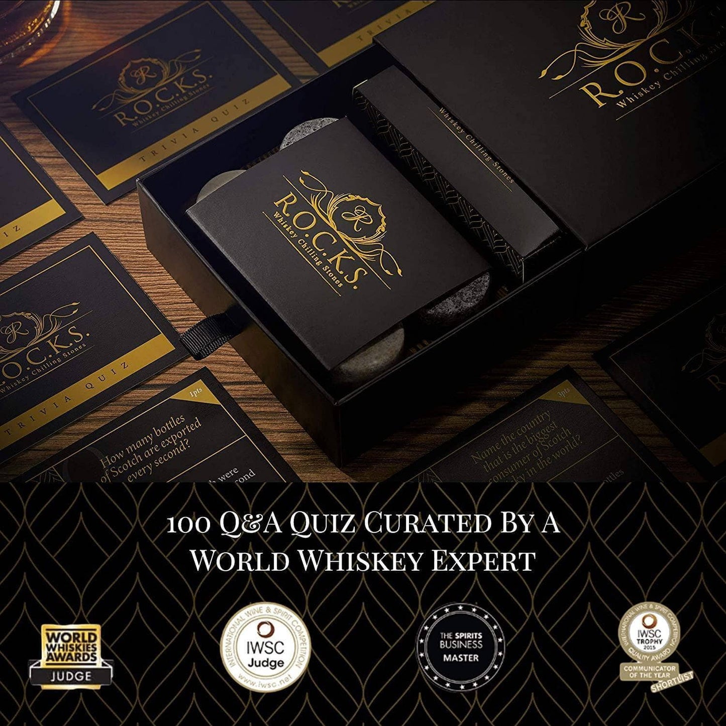 Piedras para enfriar whisky ROCKS - Set de regalo con preguntas y respuestas sobre whisky The Rocks