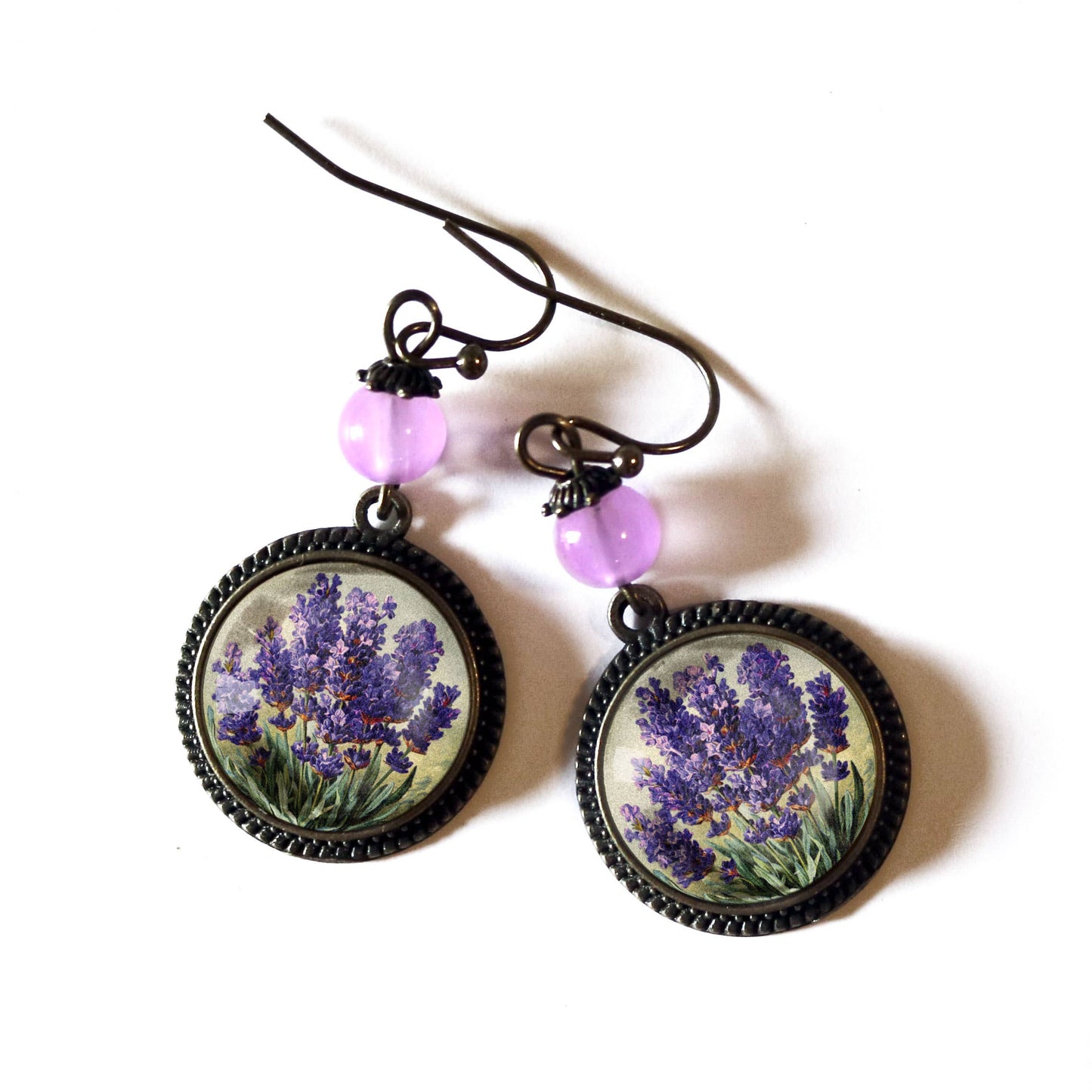 Lavender Flowers Glass Cabochon Earrings