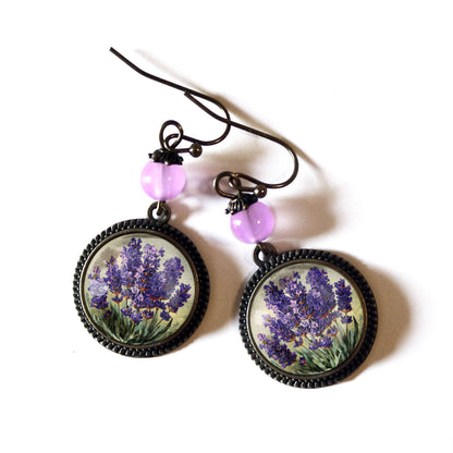 Lavender Flowers Glass Cabochon Earrings