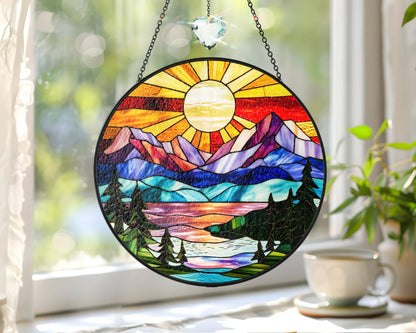 Mountain Range Stained Glass Suncatcher, Nature Decor Art