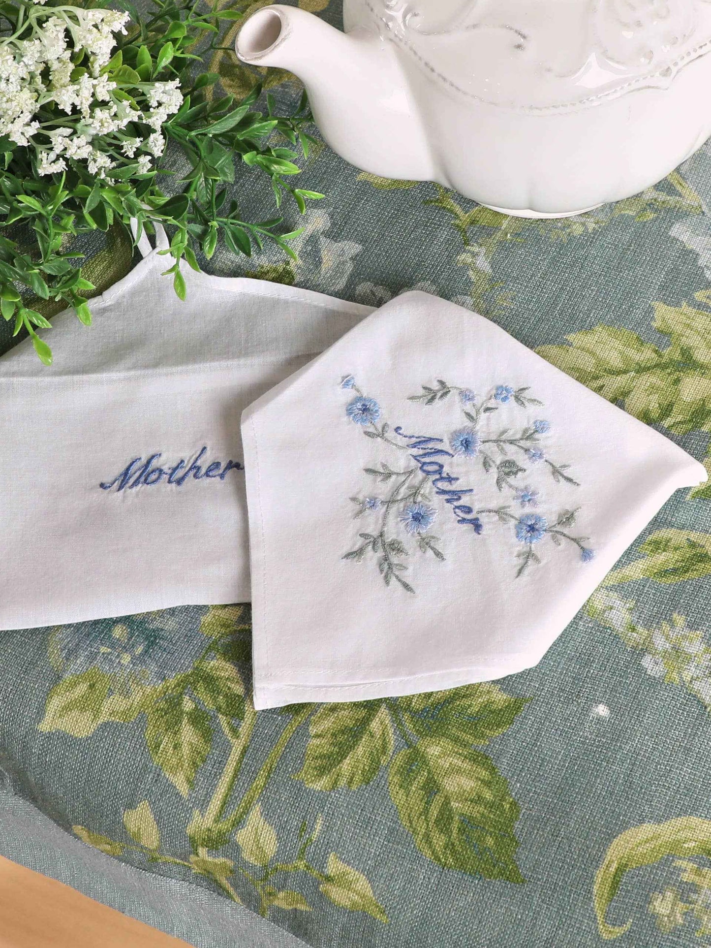 Mother Embroidered Envelope Hankie: Blue