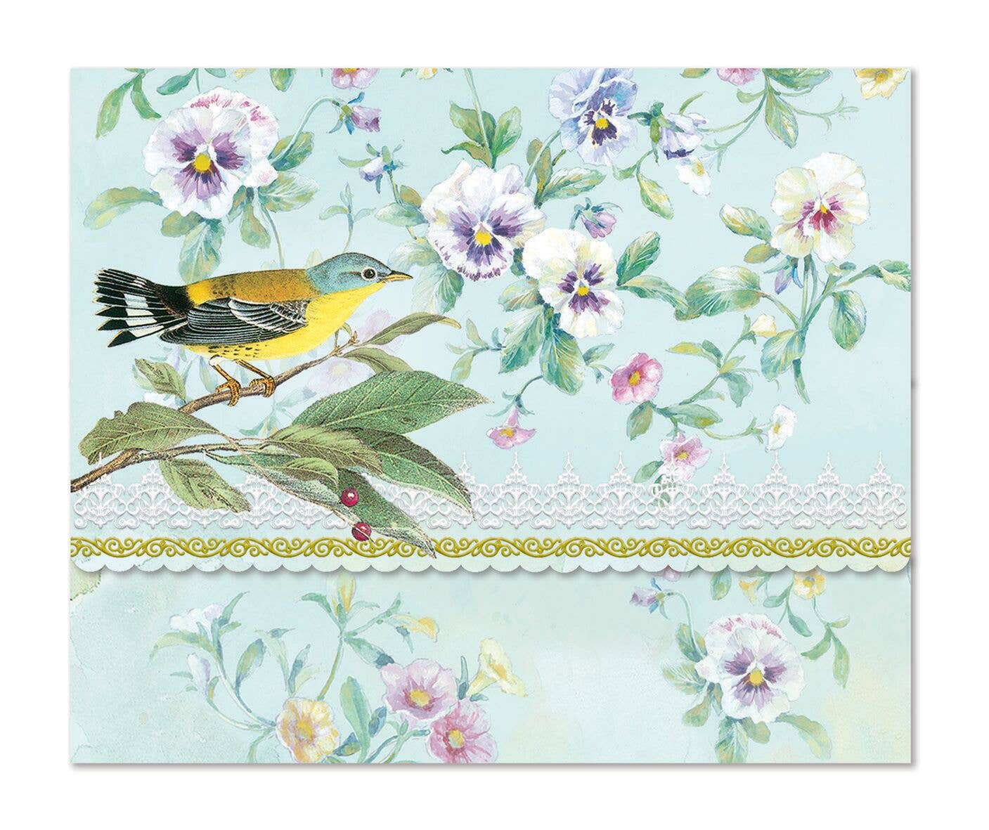 Pansies & Warbler Embossed Die-cut Boxed Portfolio Note Card