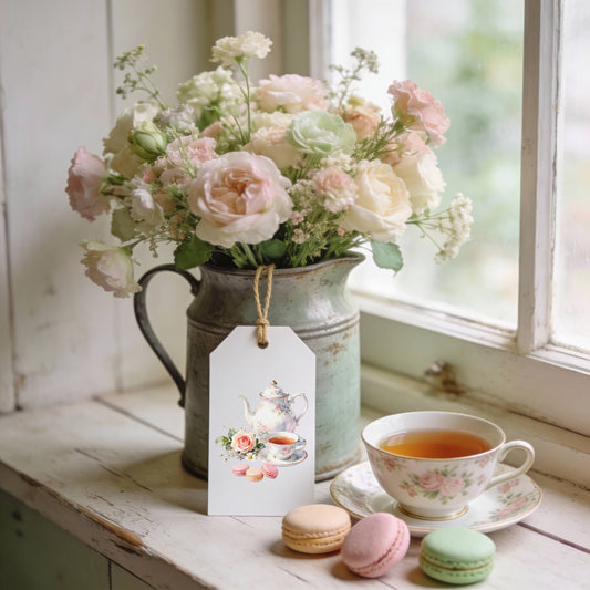 Tea Time Floral Gift Tags Set of 8 + Kraft Twine
