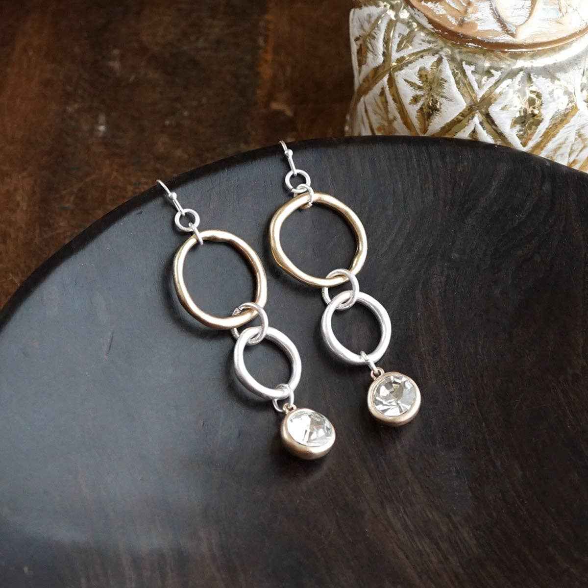 Moonlit Circles – Crystal Drop Link Earrings: Two Tone