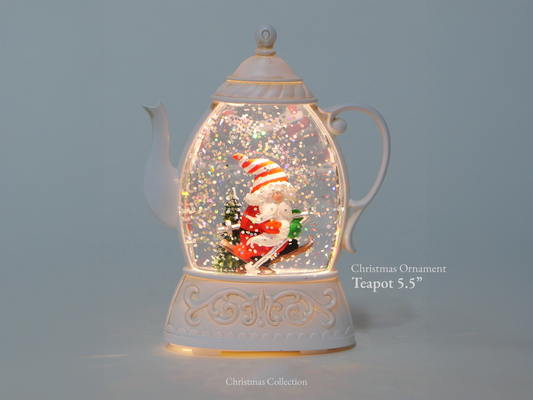5.5" Lighted Teapot Glitter Globe Xmas Ornament, Gnome