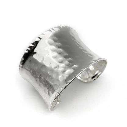 Silver Plated Adjustable Cuff Bracelet - Hammered Wide Cuff