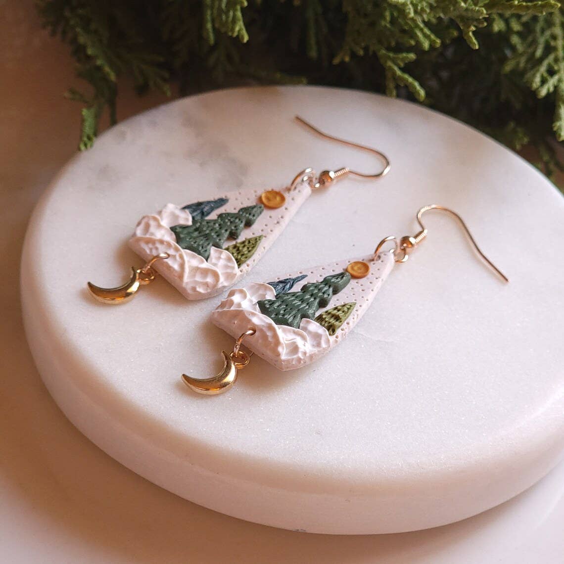 Enchanted Christmas Tree Winter Clay Gold Moon Earrings