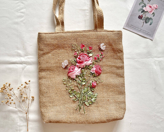 Ribbon Embroidered Rose Jute Bag
