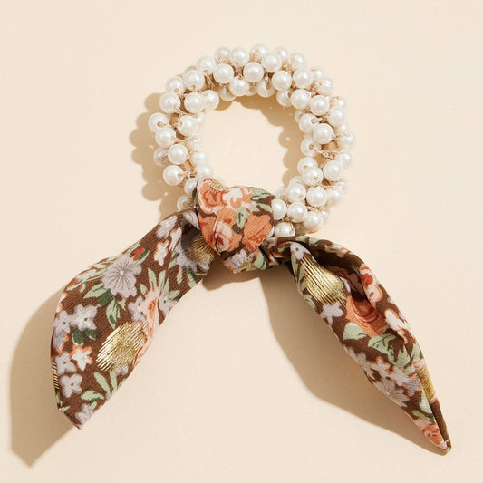 Pearl Beaded Hair Tie with Floral Scarf Accent