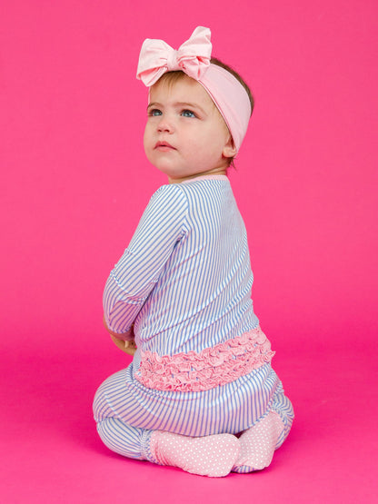 Bamboo Viscose Periwinkle & White Stripe Footed Ruffle One Piece Pajama