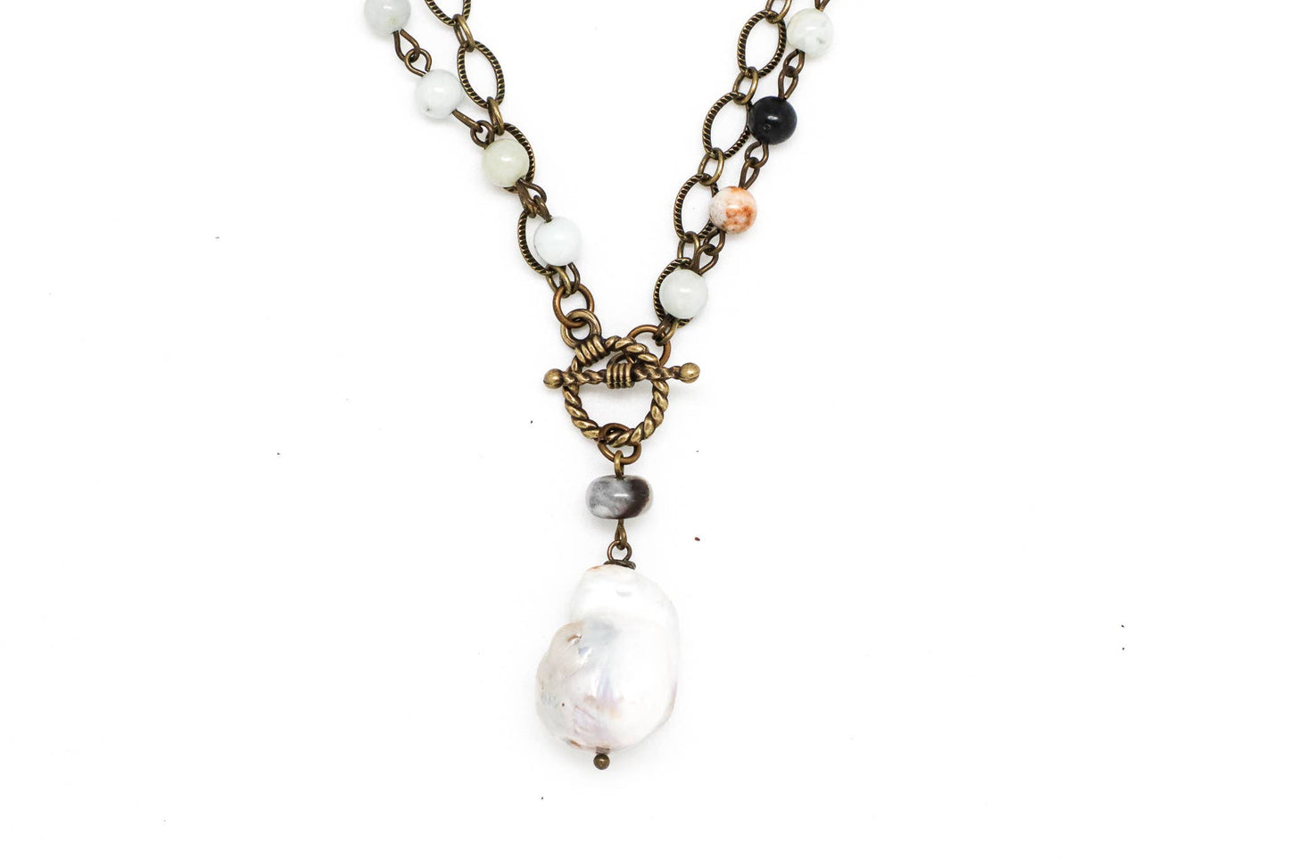 Necklace Amazonite Rosary Antique Gold w/Baroque Pearl36”