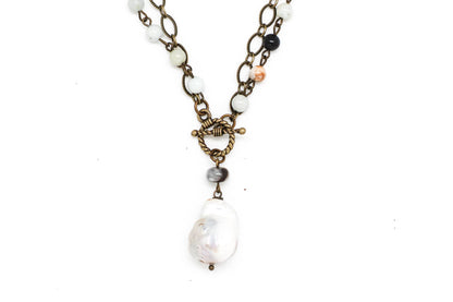 Necklace Amazonite Rosary Antique Gold w/Baroque Pearl36”