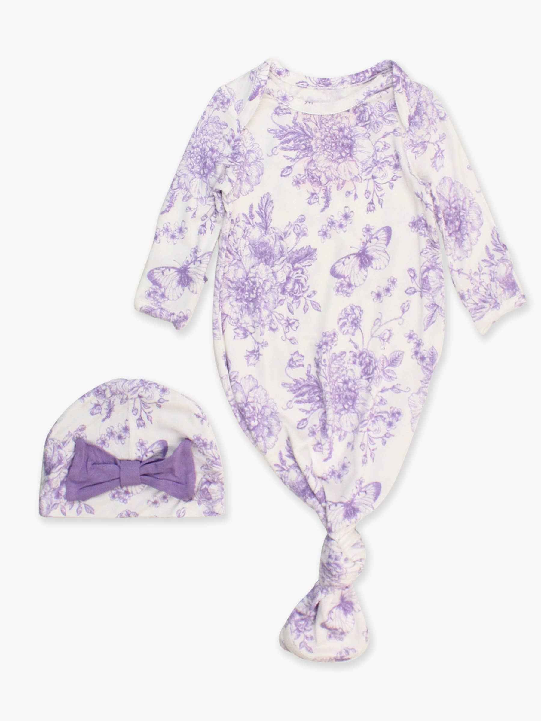 SoftSnooze™ Baby Girls Bamboo Viscose Wisteria Purple Butterfly Garden Toile Ruffle Knotted Sleep Gown & Bow Hat Set: Purple / Newborn-3m